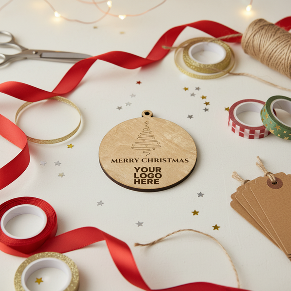 Flatlay χριστουγεννιάτικο με ξύλινο στολίδι Merry Christmas 10 εκ, κορδέλες και festive στοιχεία.