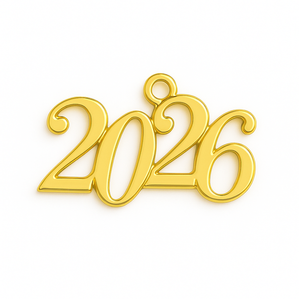 Μεταλλικό charm 2026 σε χρυσό φινίρισμα με τρύπα ανάρτησης – σετ 50 τεμαχίων

