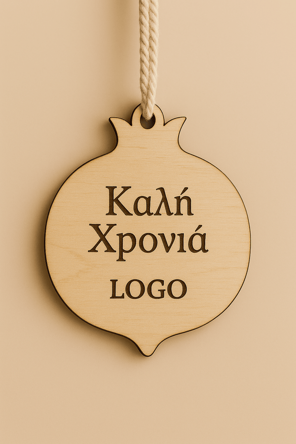 Ξύλινο ρόδι με ευχή Καλή Χρονιά και λογότυπο