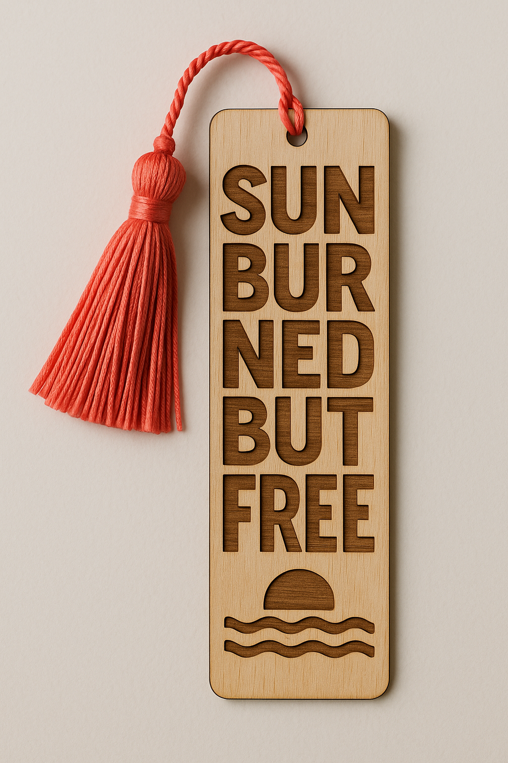 Ξύλινος σελιδοδείκτης με χάραξη “Sunburned But Free” και σχέδιο ήλιου που δύει, με φούντα σε ροζ-κοραλί