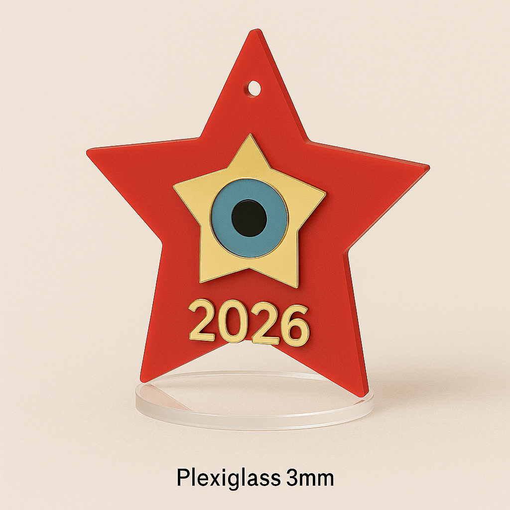 Γούρι “Αστέρι 2026” Plexiglass με Μάτι – Σε 4 χρώματα | Επιτραπέζιο & Κρεμαστό