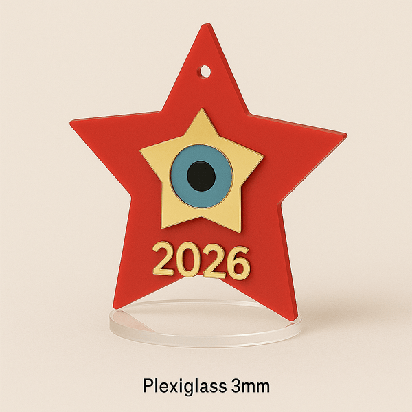 Γούρι “Αστέρι 2026” Plexiglass με Μάτι – Σε 4 χρώματα | Επιτραπέζιο & Κρεμαστό