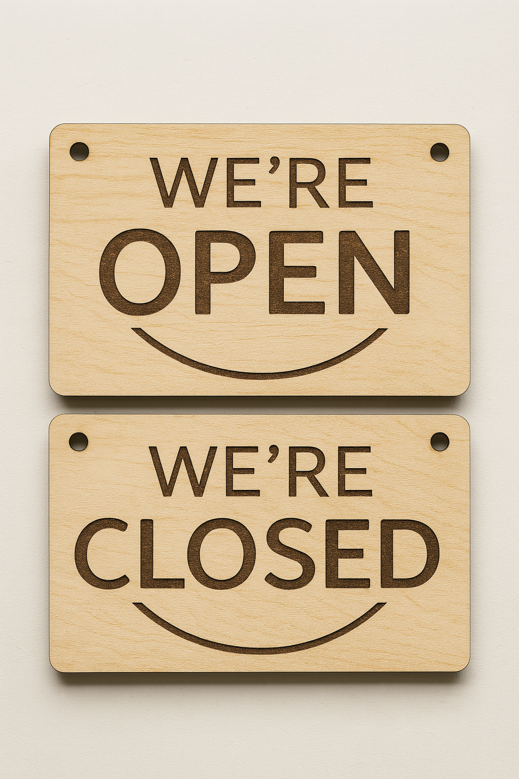 Ξύλινη ταμπέλα “We’re Open / Closed” διπλής όψης από σημύδα με laser χάραξη – So Cute Cut