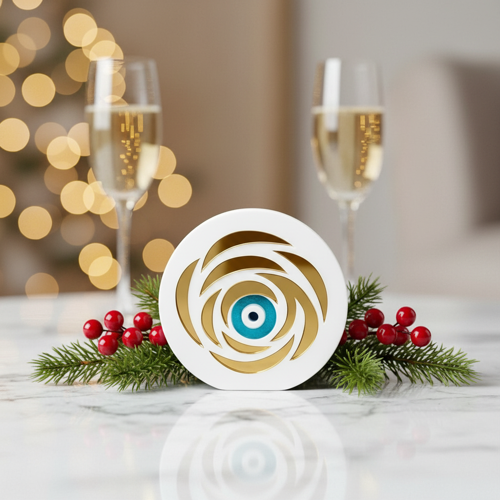 Petal Eye γούρι, επιτραπέζιο χειροποίητο plexiglass με μάτι & χρυσά πέταλα σε μαύρο ή λευκό – So Cute by Dimi