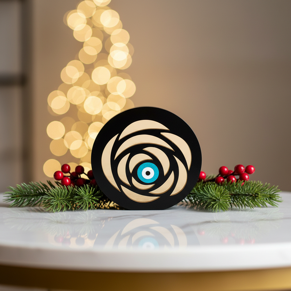 Petal Eye γούρι, επιτραπέζιο χειροποίητο plexiglass με μάτι & χρυσά πέταλα σε μαύρο ή λευκό – So Cute by Dimi