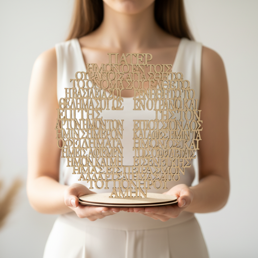 Διάτρητος ξύλινος σταυρός Πάτερ Ημών σε κύκλο με ξύλινη βάση So Cute Cut