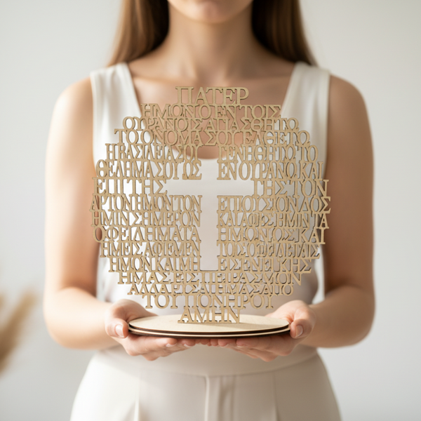 Διάτρητος ξύλινος σταυρός Πάτερ Ημών σε κύκλο με ξύλινη βάση So Cute Cut