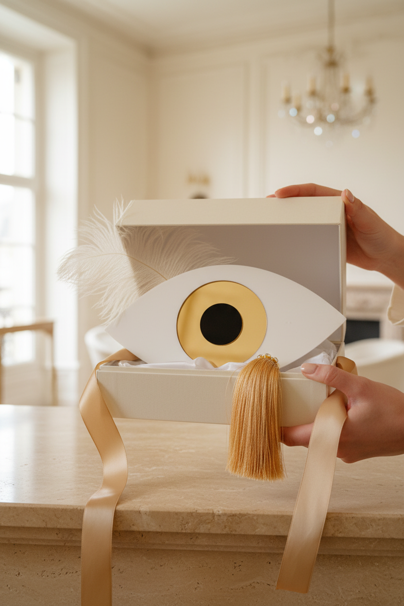 Γούρι plexiglass οβάλ με μάτι χρυσό, φτερό και φούντα με στρας – So Cute by Dimi