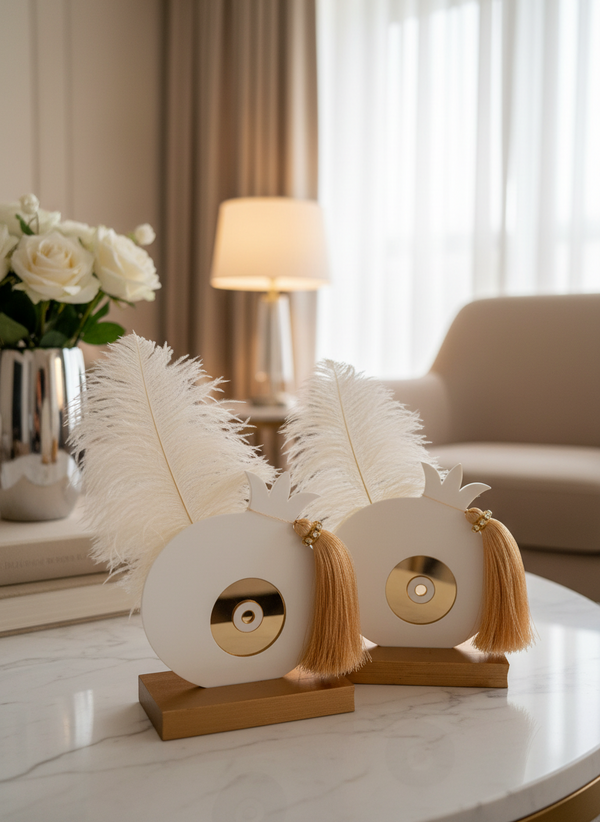 Επιτραπέζιο Γούρι Ρόδι με Μάτι & Φτερό – Plexiglass & Gold Mirror