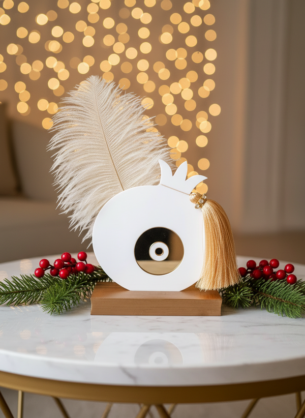 Χειροποίητο επιτραπέζιο γούρι ρόδι από plexiglass με χρυσό mirror μάτι, φτερό και φούντα με στρας, σε ξύλινη βάση, διαστάσεων 17×13 cm