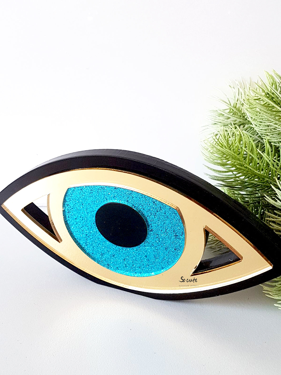 Επιτραπέζιο γούρι μάτι από μαύρο και χρυσό plexiglass καθρέφτη με τυρκουάζ καθρέφτη – So Cute by Dimi