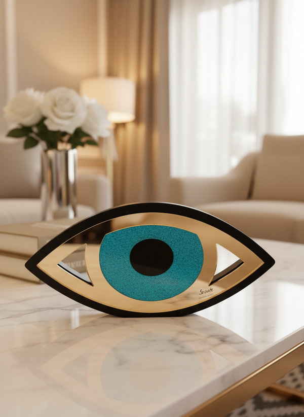 Επιτραπέζιο γούρι μάτι από μαύρο και χρυσό plexiglass καθρέφτη με τυρκουάζ καθρέφτη – So Cute by Dimi