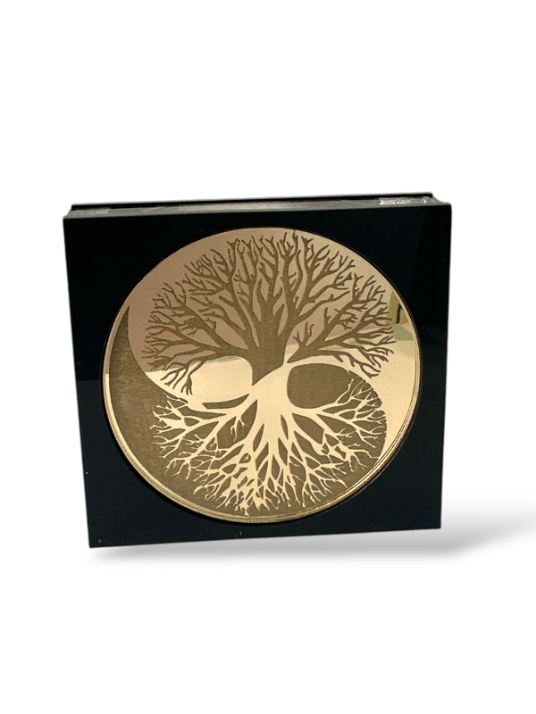 Yin Yang Tree γούρι, επιτραπέζιο χειροποίητο ξύλο & χρυσό plexiglass με Δέντρο Ζωής – So Cute by Dimi