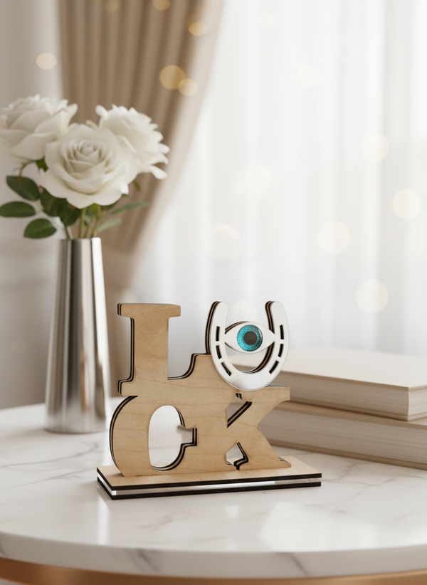 Επιτραπέζιο γούρι LUCK από ξύλο και plexiglass καθρέφτη με μάτι και πέταλο, χειροποίητη κατασκευή, 13×15 cm.