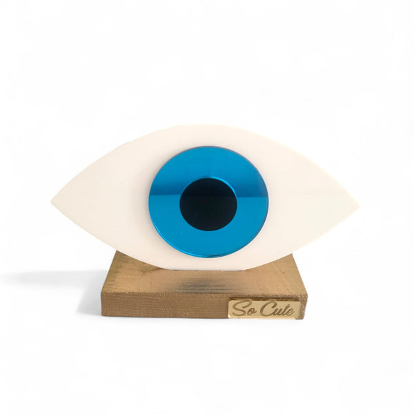 Γούρι Οβάλ Μάτι Plexiglass σε Ξύλινη Βάση – Μπλε - So Cute by Dimi