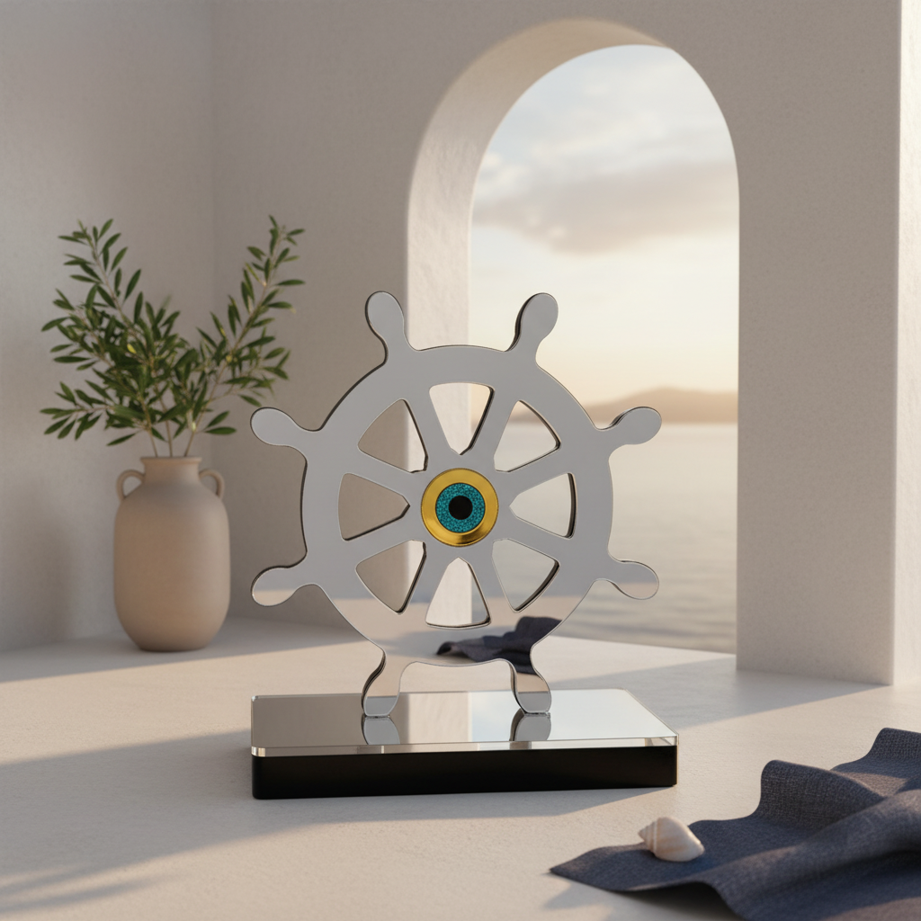 Decorative ship's wheel on a stand in a minimalistic room with a plant and vase.