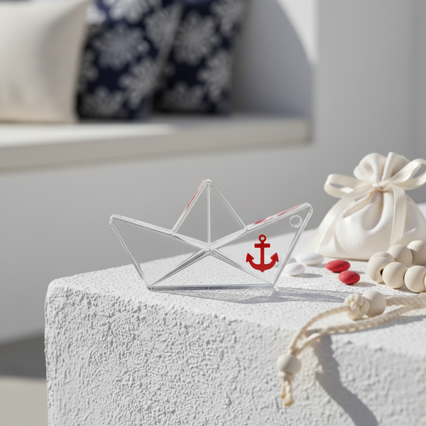 Minimal αυτοστήριζο paper boat 6cm από διάφανο πλεξιγκλάς 10mm με navy ή κόκκινη άγκυρα για μπομπονιέρα βάπτισης by So Cute Cut