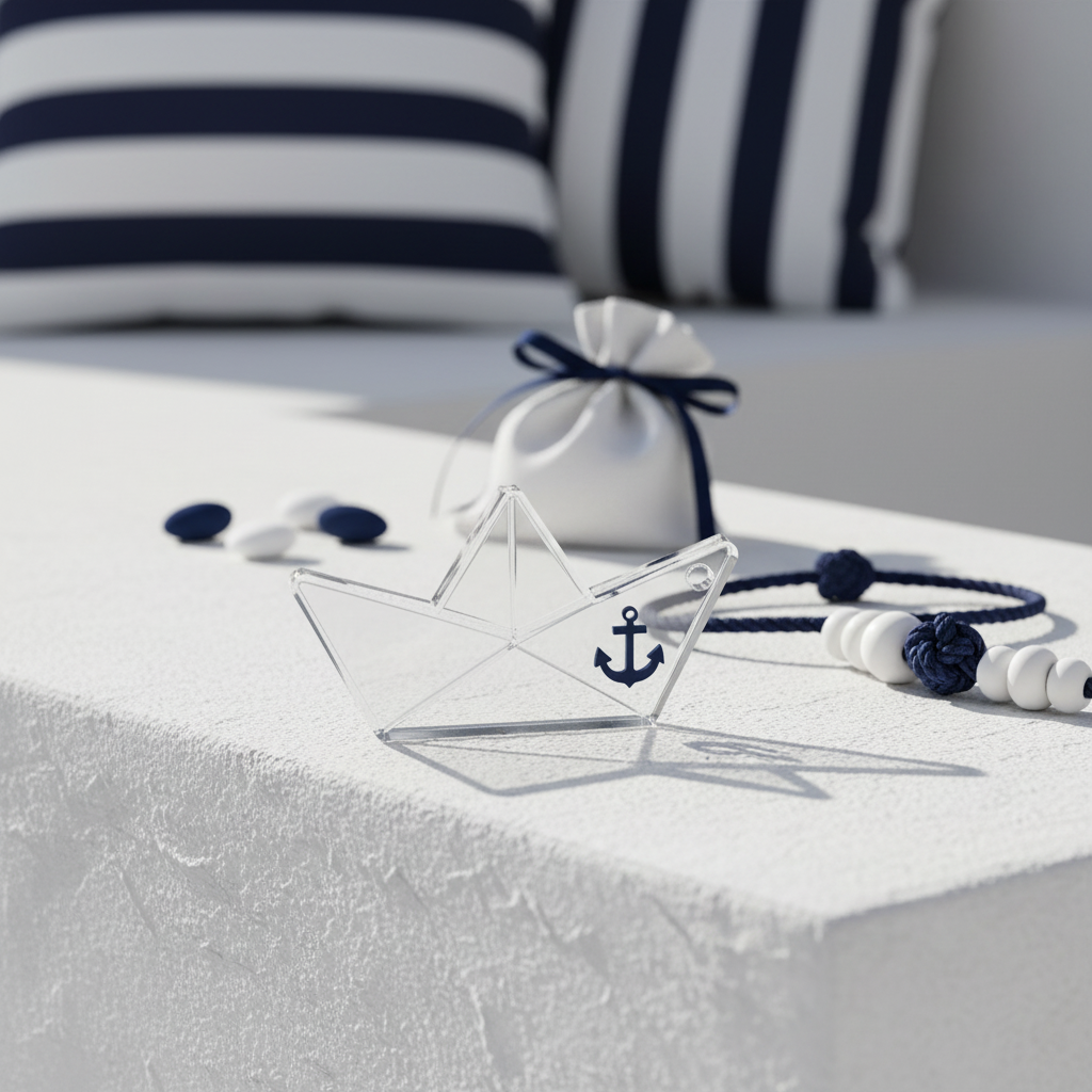 Minimal αυτοστήριζο paper boat 6cm από διάφανο πλεξιγκλάς 10mm με navy ή κόκκινη άγκυρα για μπομπονιέρα βάπτισης by So Cute Cut