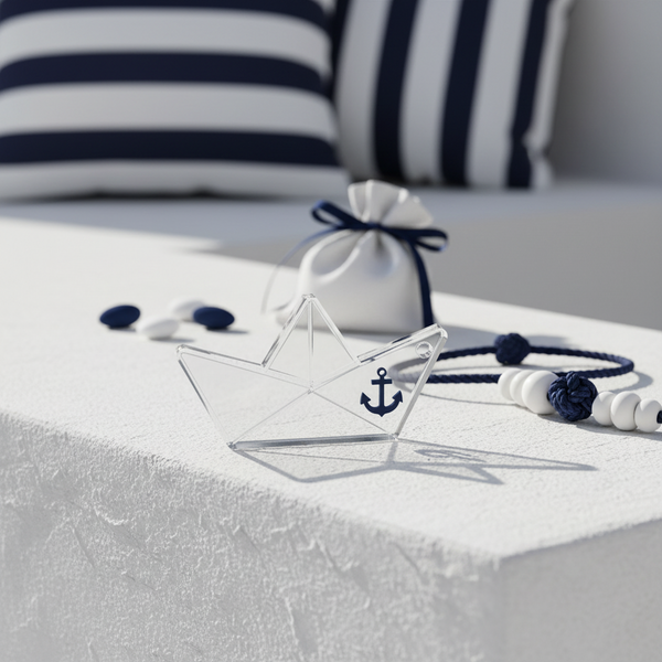 Minimal αυτοστήριζο paper boat 6cm από διάφανο πλεξιγκλάς 10mm με navy ή κόκκινη άγκυρα για μπομπονιέρα βάπτισης by So Cute Cut