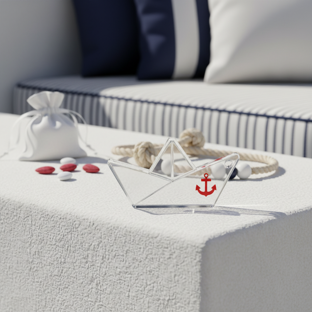 Minimal αυτοστήριζο paper boat 6cm από διάφανο πλεξιγκλάς 10mm με navy ή κόκκινη άγκυρα για μπομπονιέρα βάπτισης by So Cute Cut