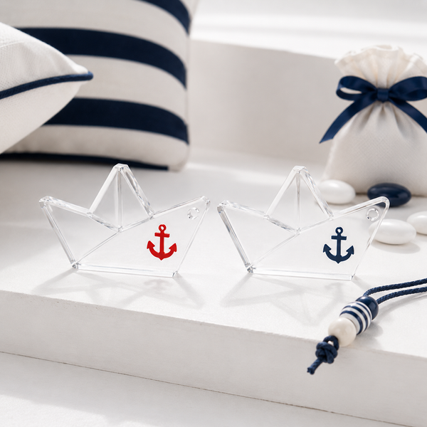 Minimal αυτοστήριζο paper boat 6cm από διάφανο πλεξιγκλάς 10mm με navy ή κόκκινη άγκυρα για μπομπονιέρα βάπτισης by So Cute Cut