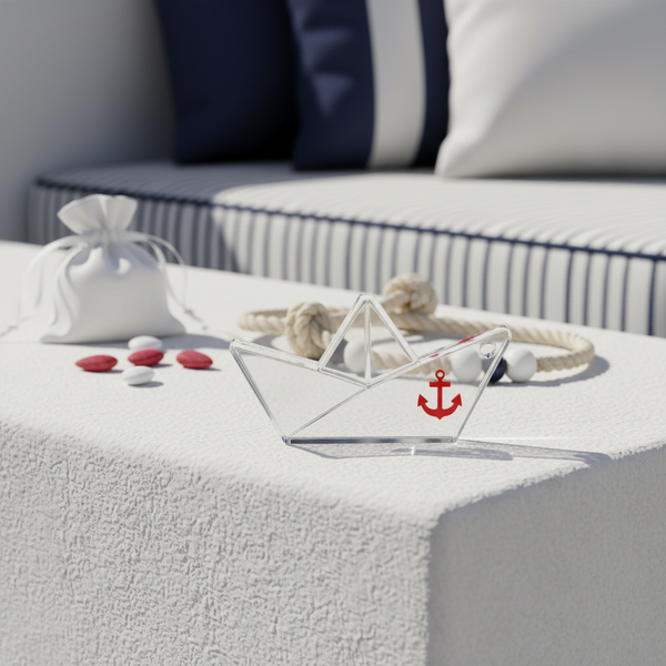 Minimal αυτοστήριζο paper boat 6cm από διάφανο πλεξιγκλάς 10mm με navy ή κόκκινη άγκυρα για μπομπονιέρα βάπτισης by So Cute Cut