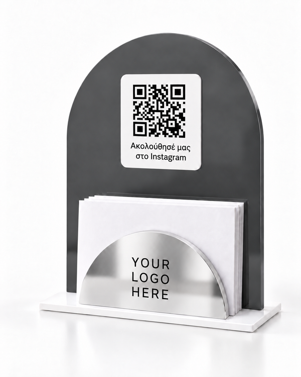 Σκούρα γκρι καρτοθήκη Arch QR Silver με QR code, μήνυμα «Ακολούθησέ μας στο Instagram» και ένδειξη YOUR LOGO HERE στον ασημί καθρέφτη.