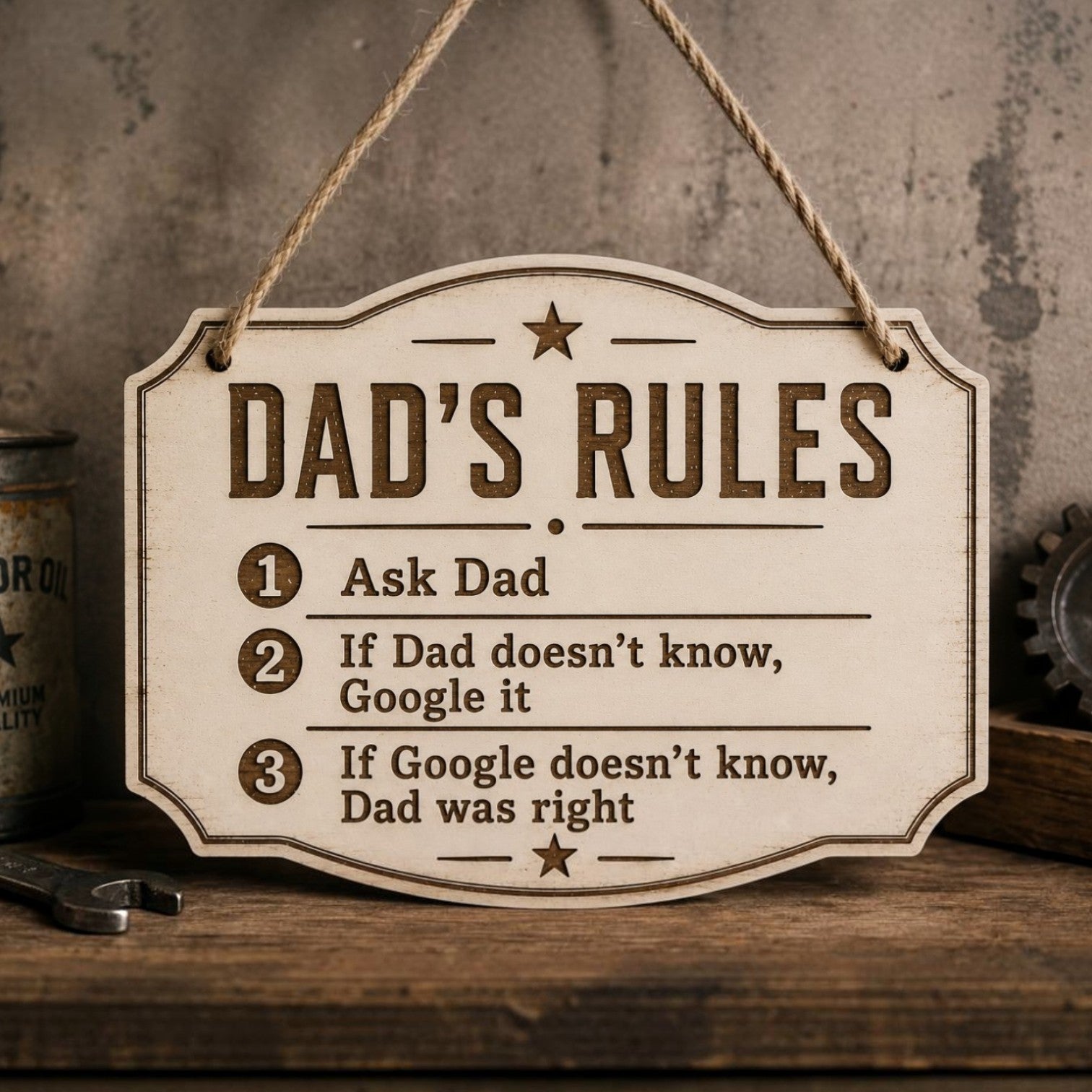 Χιουμοριστική ξύλινη πινακίδα DAD'S RULES με μήνυμα Dad Was Right, αστείο δώρο για μπαμπά.