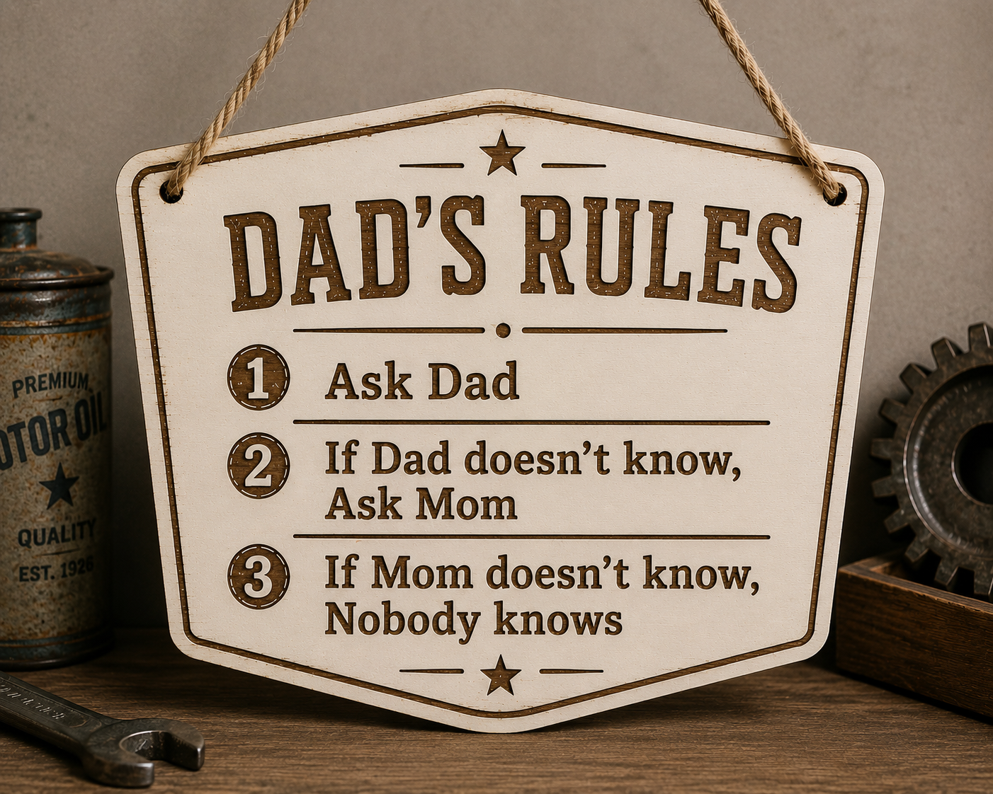Ξύλινη πινακίδα DAD'S RULES με αστείο μήνυμα για μπαμπά και μαμά, ιδανικό δώρο για τη Γιορτή του Πατέρα.