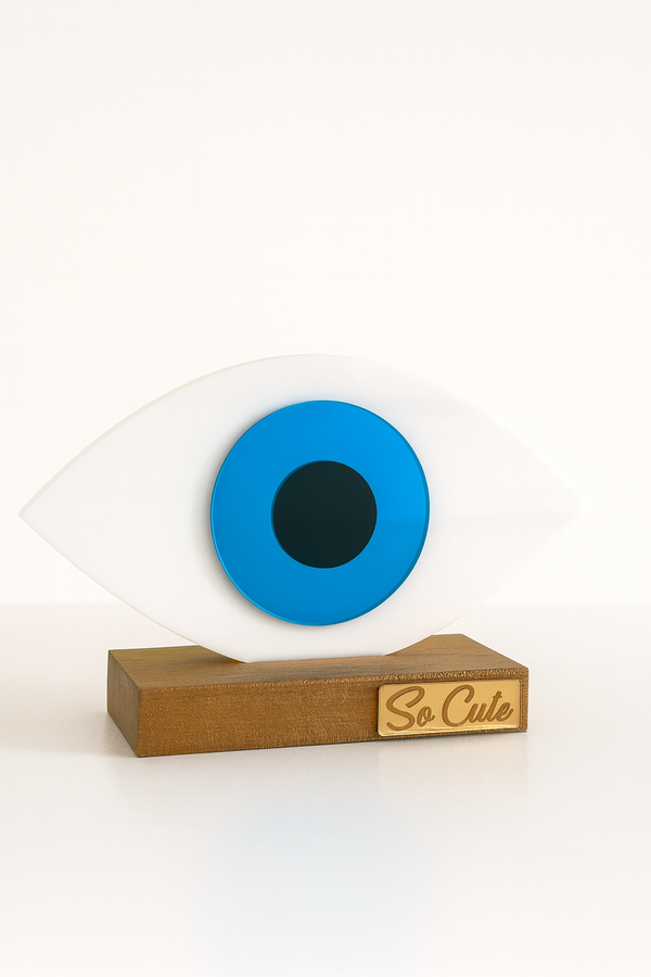 Γούρι Οβάλ Μάτι Plexiglass σε Ξύλινη Βάση – Μπλε - So Cute by Dimi