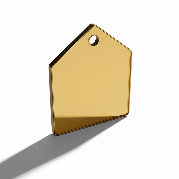 Χρυσό mirror plexiglass tag σε σχήμα barn house με τρύπα για κρέμασμα.