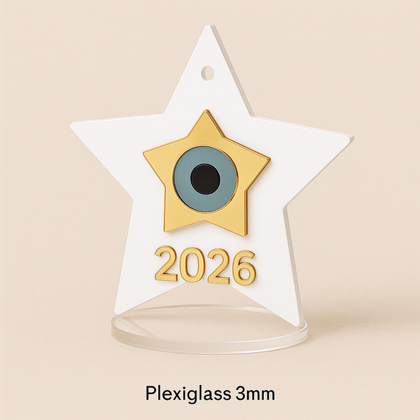Γούρι “Αστέρι 2026” Plexiglass με Μάτι – Σε 4 χρώματα | Επιτραπέζιο & Κρεμαστό