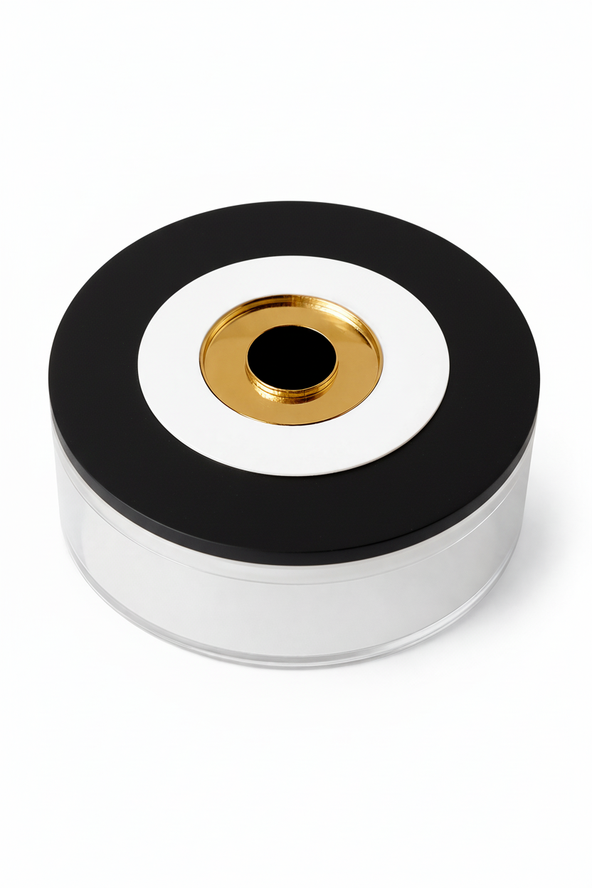 στρογγυλό κουτί πλεξιγκλάς με layered μάτι και διάφανο σώμα σε minimal σχεδιασμό