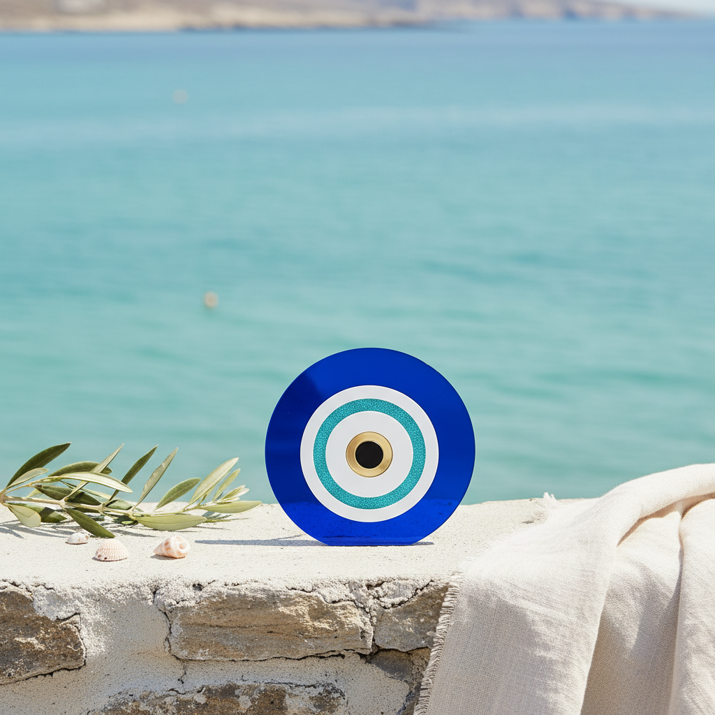 Γούρι μάτι από μπλε plexiglass πάνω σε πέτρινο τοίχο με φόντο τη θάλασσα και διακοσμητικό κλαδί ελιάς