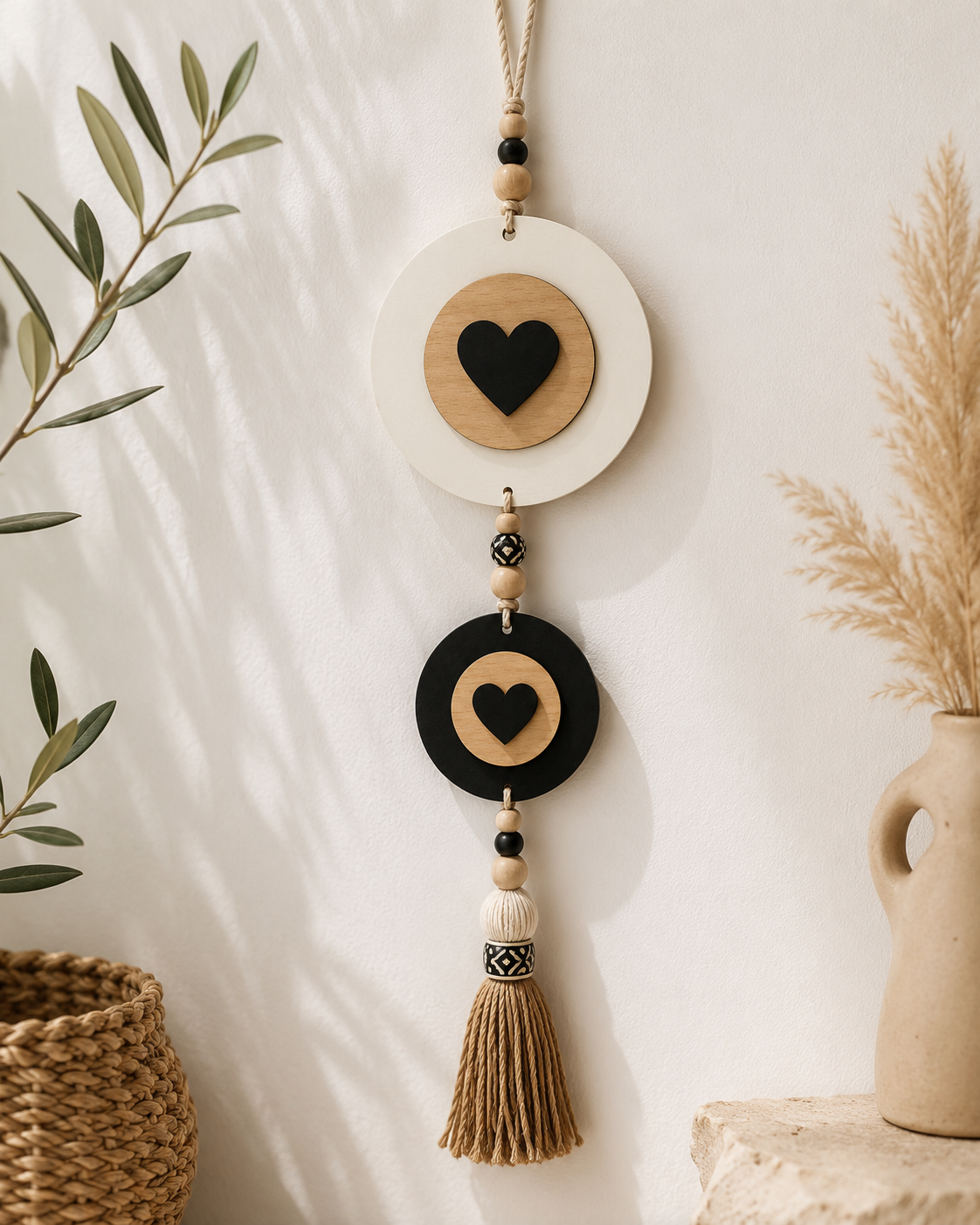 Boho wall hanging με δύο κύκλους καρδιάς από λευκό και μαύρο MDF, ξύλινες χάντρες και φούντα | So Cute Cut
