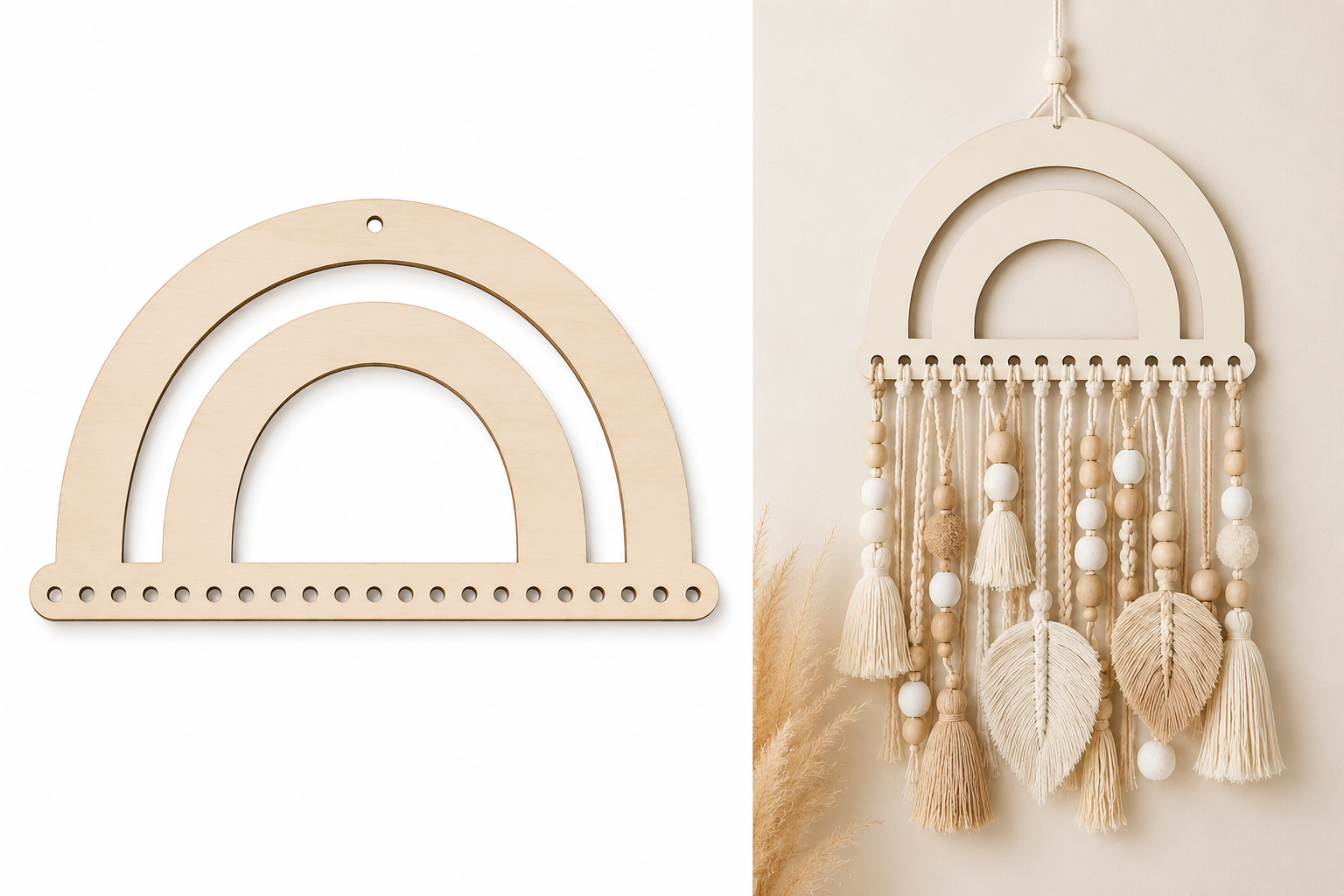 Boho ουράνιο τόξο από MDF σημύδα ή λευκό MDF με τρύπες στη βάση για δημιουργία wall hanging και μακραμέ από τη So Cute Cut.