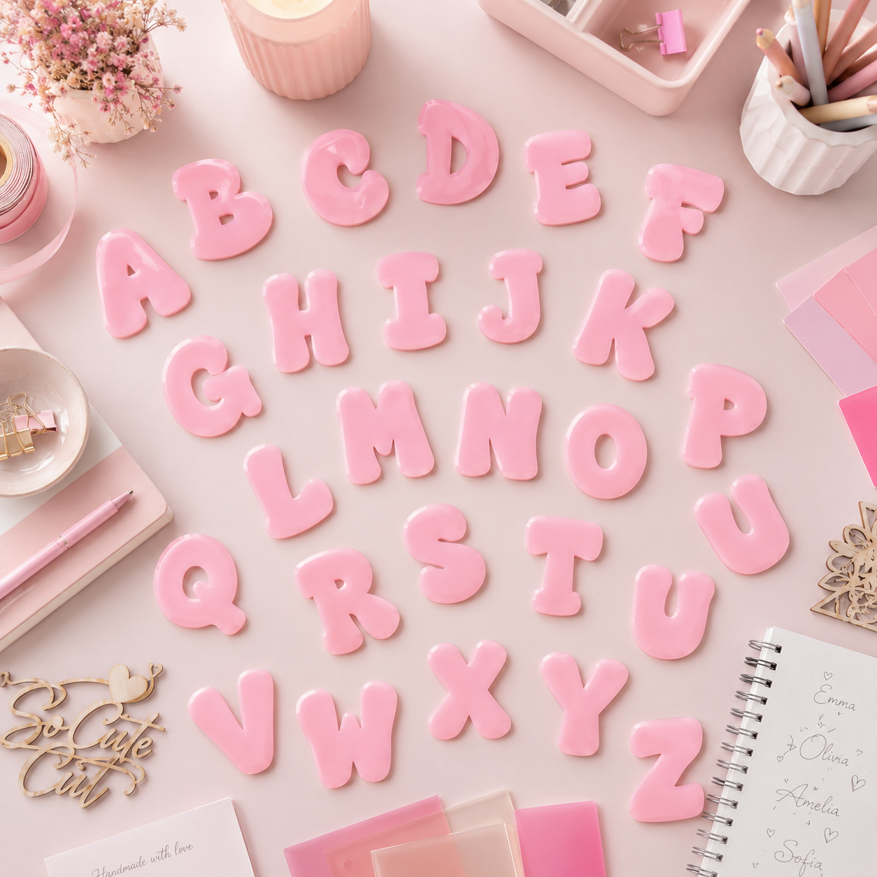 Αγγλικά κεφαλαία γράμματα Bubble από baby pink πλεξιγκλάς σε flatlay σύνθεση πάνω σε ροζ δημιουργικό workspace.