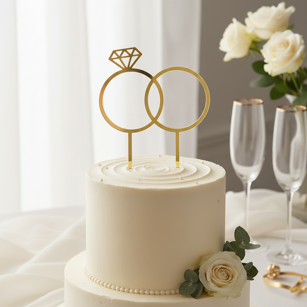 Χρυσό cake topper με δύο δαχτυλίδια τοποθετημένο σε minimal γαμήλια τούρτα