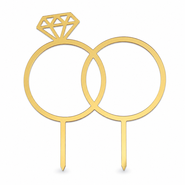 Cake topper γάμου με δύο δαχτυλίδια και διαμάντι από χρυσό καθρέφτη