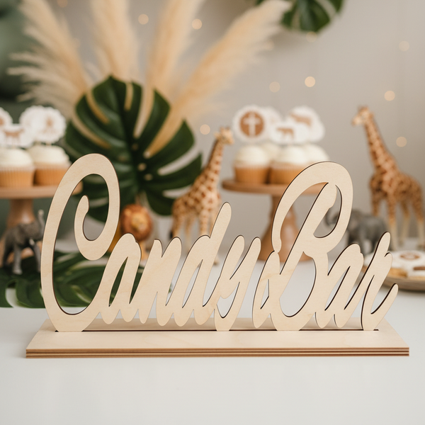 Ξύλινη επιτραπέζια επιγραφή Candy Bar με βάση από λευκό MDF ή φυσική σημύδα για διακόσμηση 