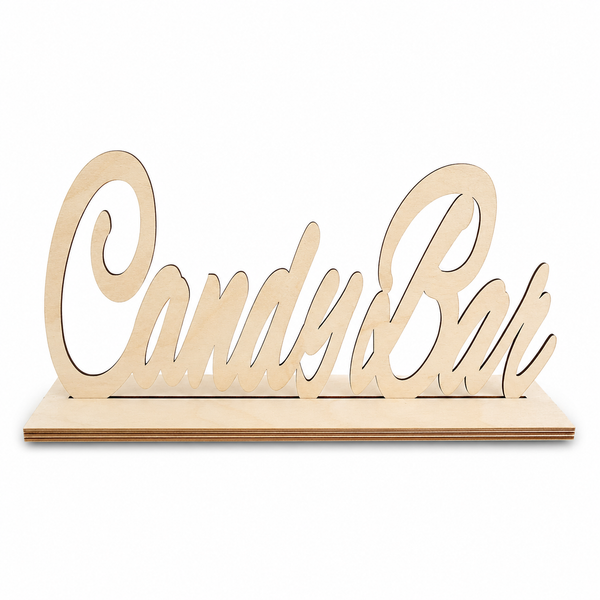 Ξύλινη επιτραπέζια επιγραφή Candy Bar με βάση από λευκό MDF ή φυσική σημύδα για διακόσμηση candy bar