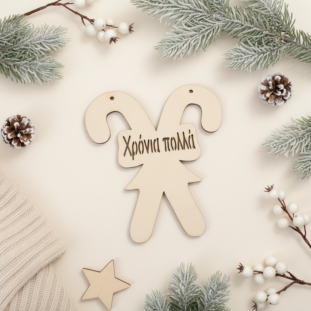 Ξύλινο laser cut στοιχείο για γούρι σε σχέδιο χριστουγεννιάτικων ζαχαρωτών με την ευχή «Χρόνια Πολλά», ιδανικό για DIY γούρια και χειροποίητες χριστουγεννιάτικες δημιουργίες.