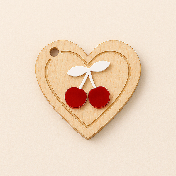 ξύλινο heart bag charm με απλικέ κερασάκια από plexiglass σε φυσικό ξύλο – So Cute Cut