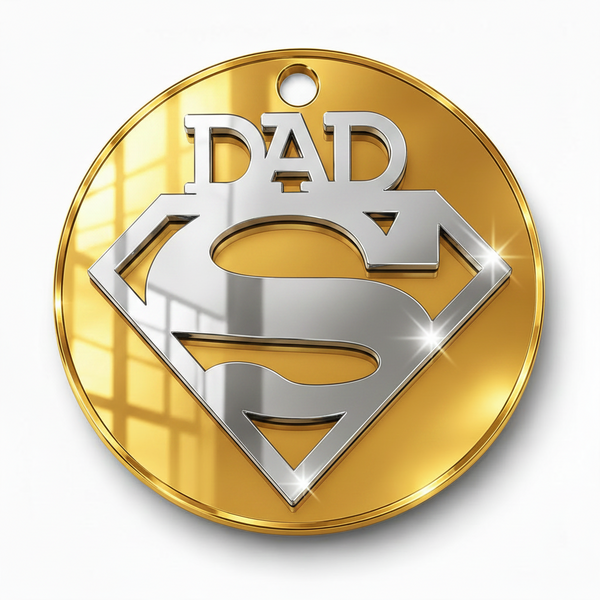 Ακρυλικό στρογγυλό κρεμαστό στοιχείο Dad Hero 6cm με συνδυασμό καθρεφτών plexiglass για μπρελόκ, λαμπάδες και χειροποίητες δημιουργίες So Cute Cut.