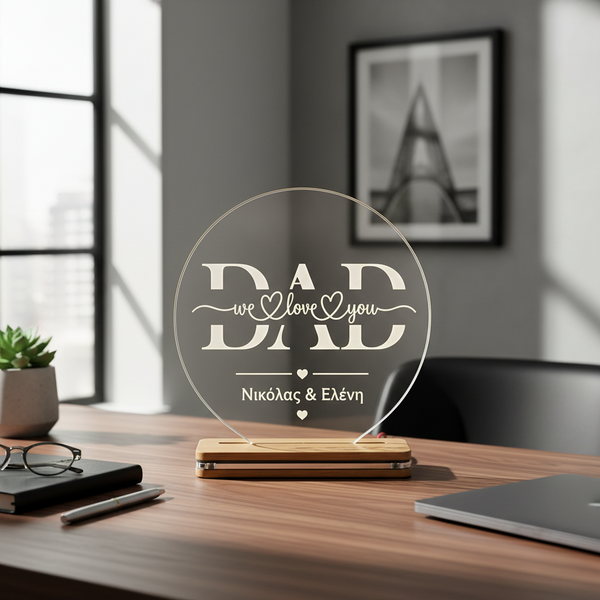 Φωτιστικό LED plexiglass DAD We Love You με χάραξη και προσωποποίηση ονομάτων παιδιών σε ξύλινη χειροποίητη βάση, so cute cut