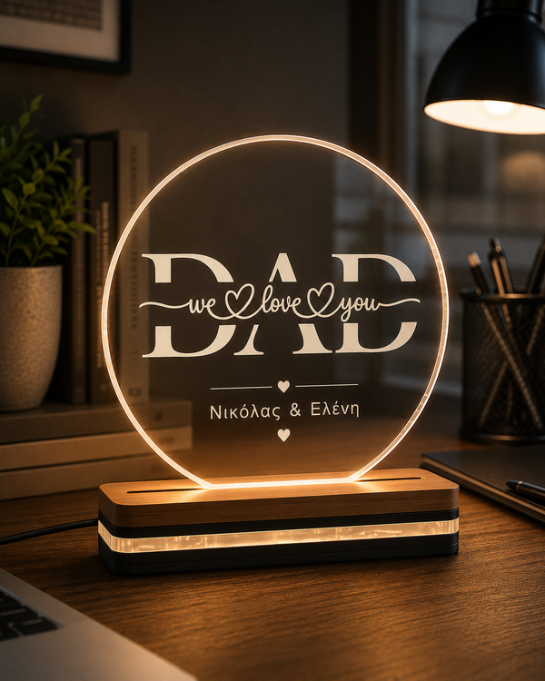 Φωτιστικό LED plexiglass DAD We Love You με χάραξη και προσωποποίηση ονομάτων παιδιών σε ξύλινη χειροποίητη βάση, so cute cut