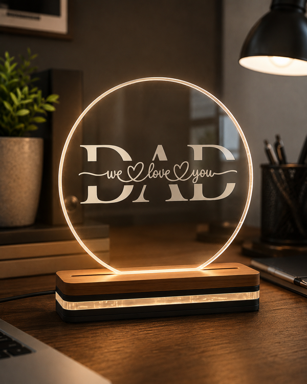 Φωτιστικό LED plexiglass DAD We Love You με χάραξη , επιτραπέζιο με ξύλινη βάση, so cute cut