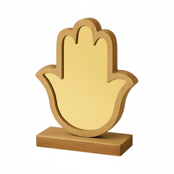 Επιτραπέζιο διακοσμητικό Hamsa από ξύλο με χρυσό καθρέφτη