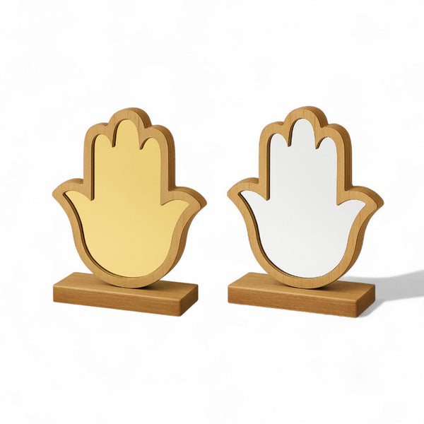 Επιτραπέζιο διακοσμητικό Hamsa από ξύλο με χρυσό και ασημί καθρέφτη