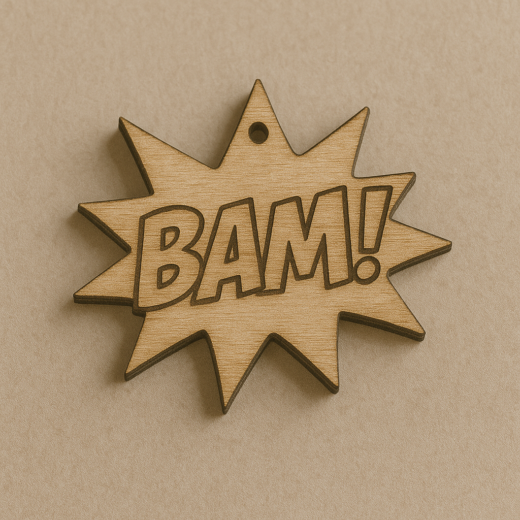 Ξύλινο tag σε σχήμα comic έκρηξης με χάραξη “BAM!” σε bold comic γραμματοσειρά